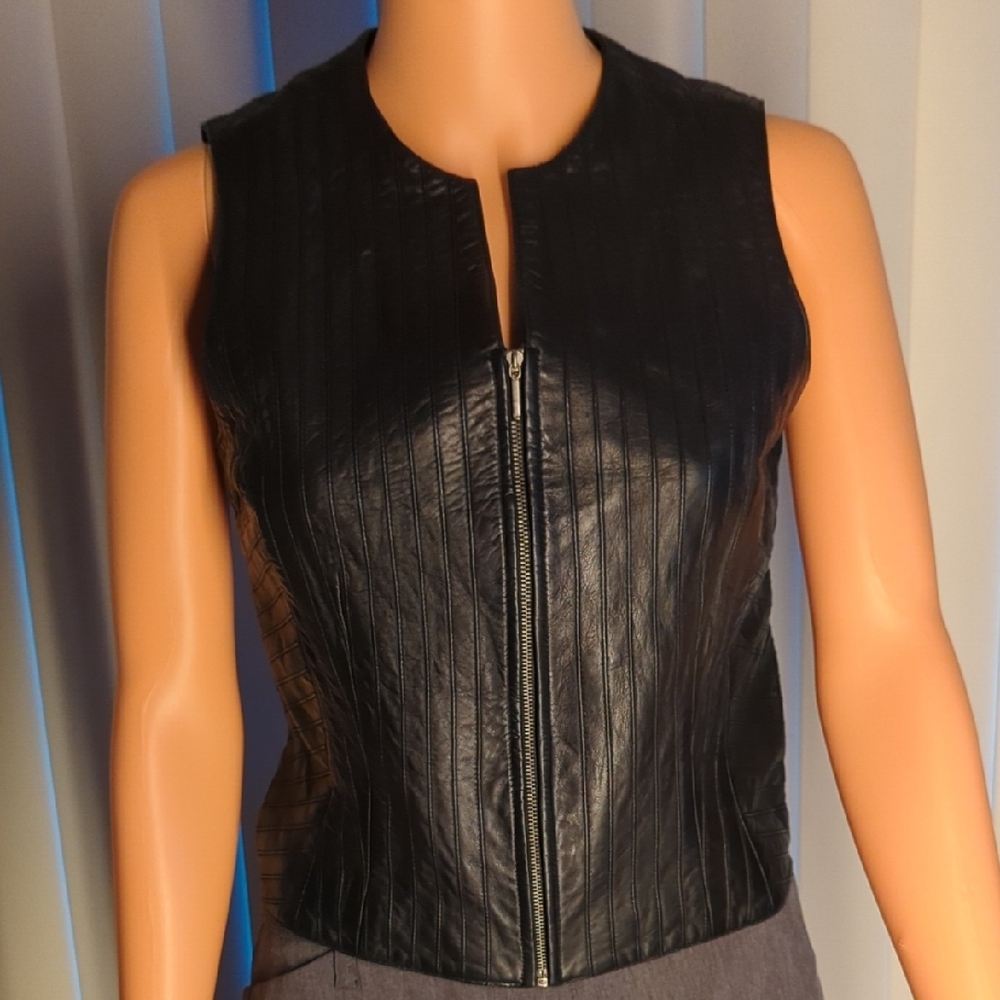 CACHE Vintage Biker Black Leather Vest Sleeveless Size XS